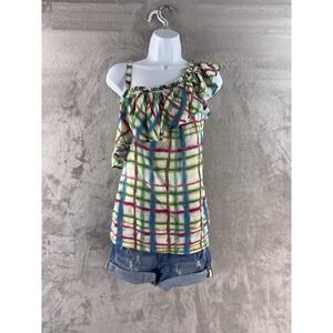 120% Lino One Shoulder Blouse Womens Size 42 Multicolor Plaid Ruffle Top